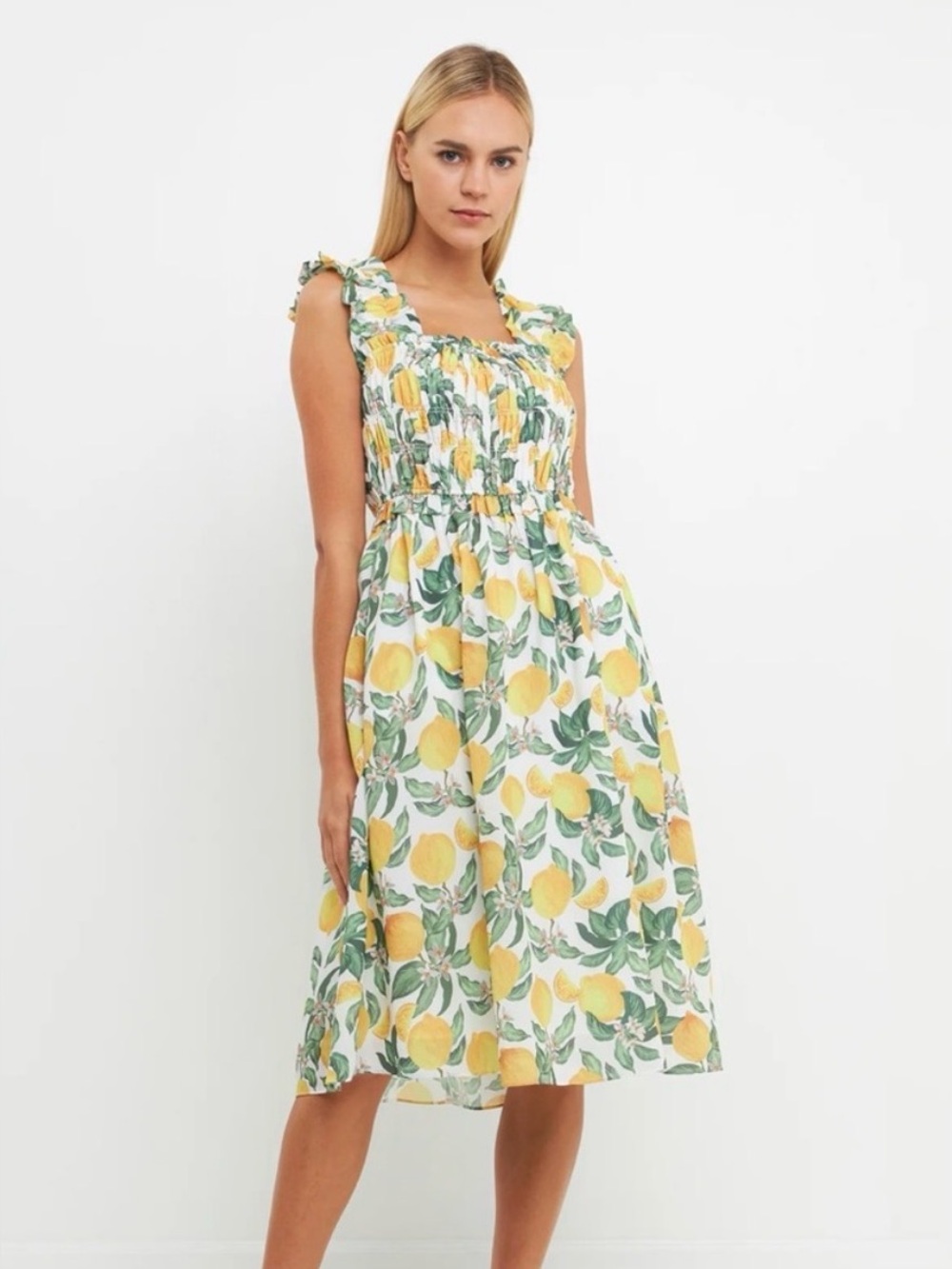 English Factory Lemon Smocked Bodice Midi Dress Size Large
